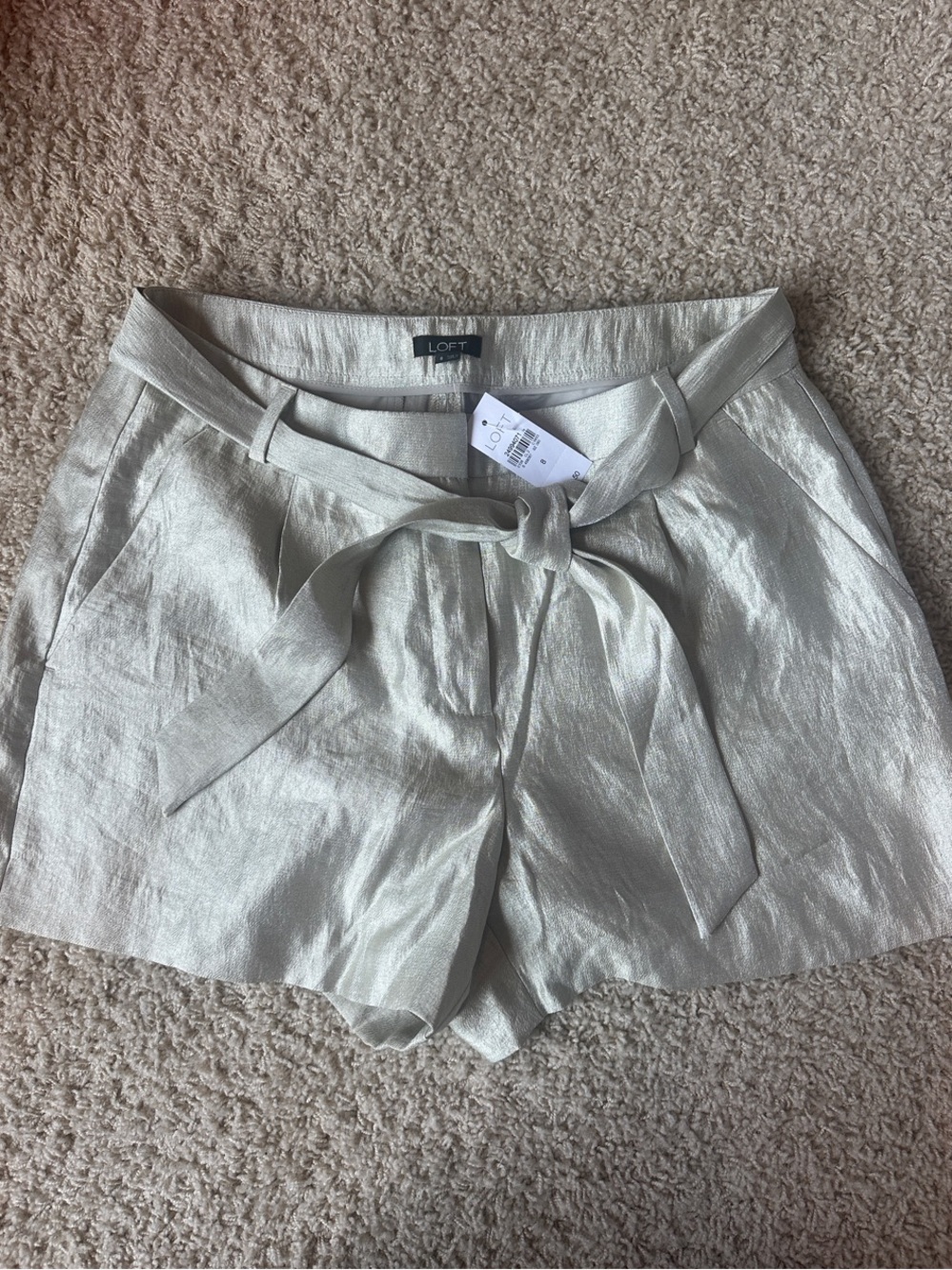 LOFT Metallic Light Cream High-Waist Tie-Belt Shorts
